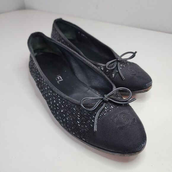 Chanel Glitter Tweed Ballet Flats Black Grosgrain Cap Toe Bow 37 Made in Italy - Picture 4 of 16
